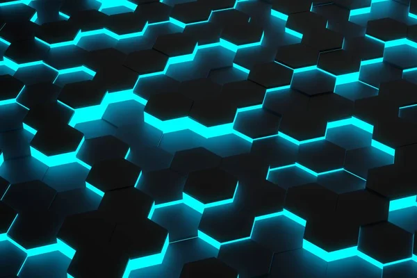 Véletlen Eltolódott Fekete Méhsejt Hatszög Geometriai Minta Háttér Kék Ragyogás — Stock Fotó