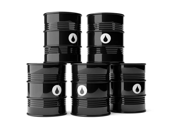 Multiple Stacked Black Metal Oil Barrels Drop Symbols White Background — Stock Photo, Image