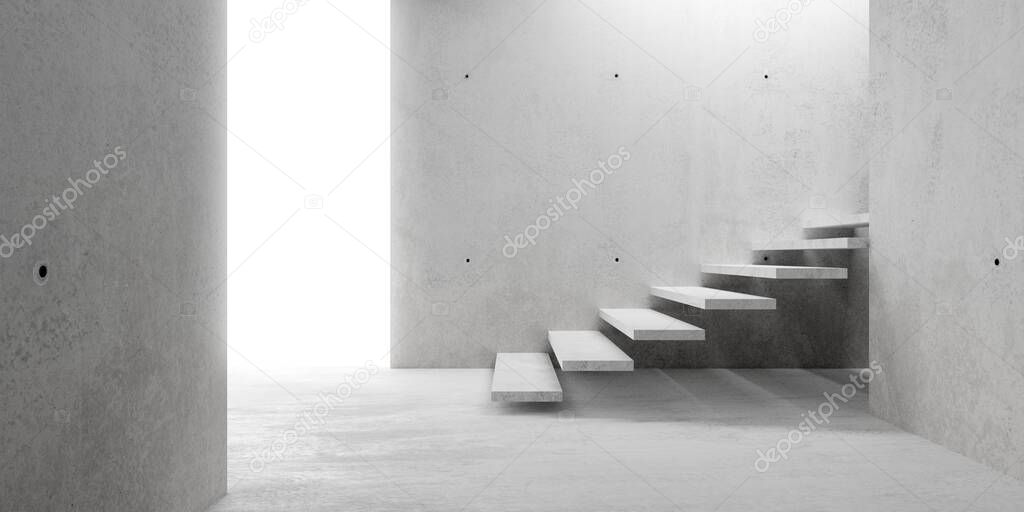 Abstract empty, modern concrete room with lighting from back wall and stairs - industrial interior background template, 3D illustration