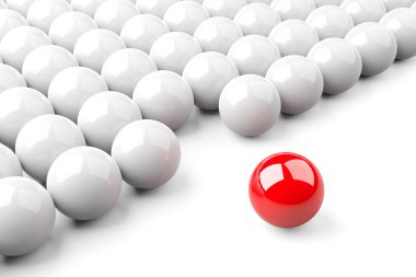 Parlak beyaz küreler, liderlik, öne çıkma ya da beyaz arka plan üzerindeki cesaret konsepti, üç boyutlu illüstrasyon kalabalığından öne çıkan tek kırmızı top.