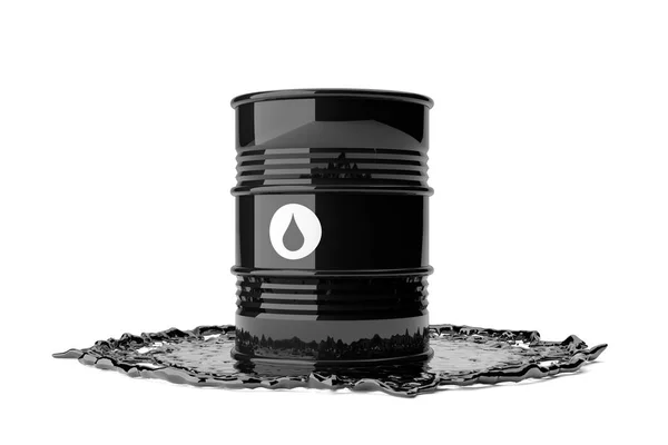 Single Black Metal Oil Barrel Drop Symbol Oil Puddle White — Stock Photo, Image