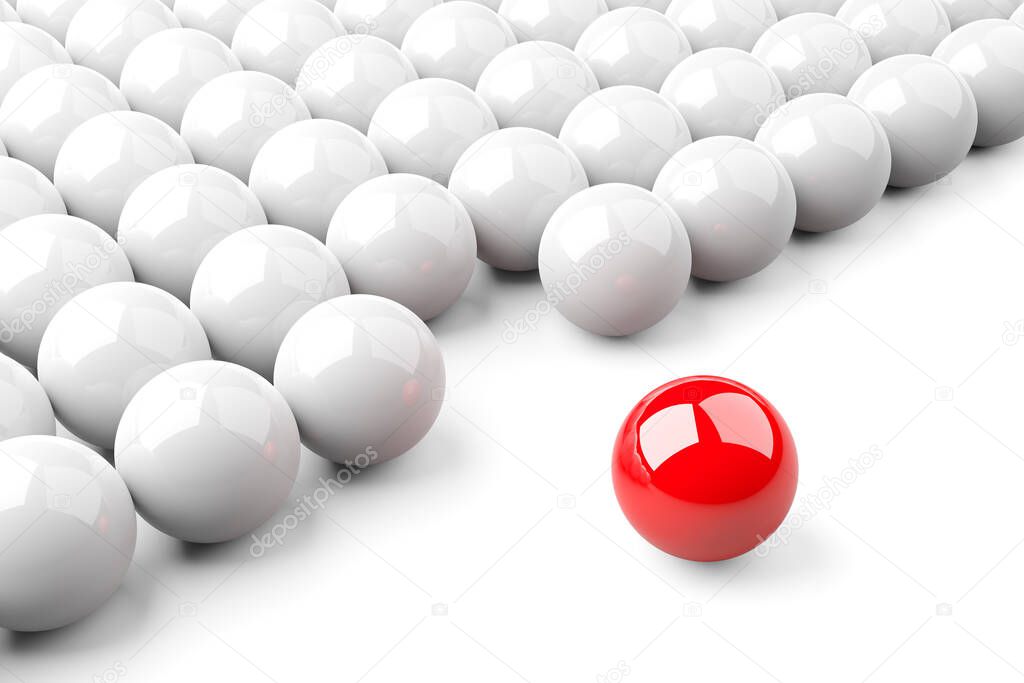 Single red ball standing out from the crowd of shiny white spheres, leadership, standing out or bravery concept over white background, 3D illustration