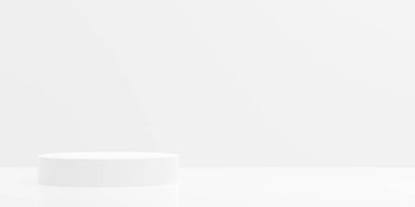 Kopya alanı, ürün sunum şablonu arka planı, 3D illüstrasyonlu yüksek silindirik platforma sahip boş modern beyaz oda