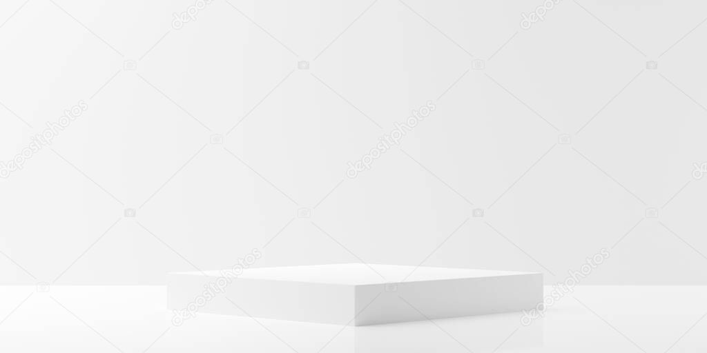 Empty modern abstract white room with elevated cubical platform in the center, product presentation template background, 3D illustration