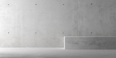 Soyut, boş, modern beton oda, soldan ve banktan dolaylı aydınlatma - endüstriyel iç arka plan şablonu, 3 boyutlu illüstrasyon