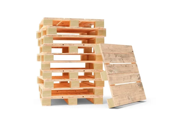 Stack Wooden Transport Freight Pallets One Pallet Leaning White Background — Stock Photo, Image