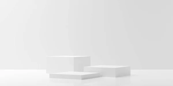中央に3つの表彰台 製品プレゼンテーションテンプレートまたは受賞式の背景を持つモダンな抽象的な空の白い部屋 3Dイラスト — ストック写真