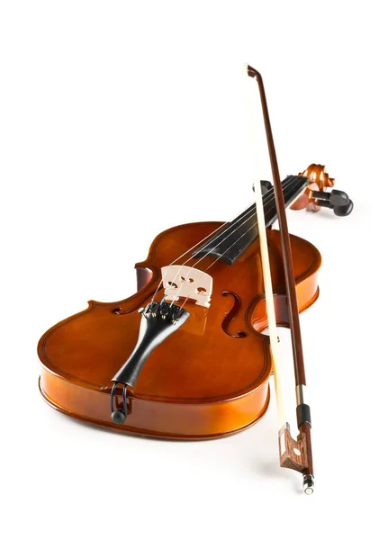 Violín Violín Madera Marrón Instrumento Musical Clásico Con Lazo Sobre —  Fotos de Stock