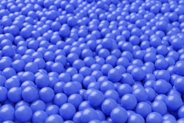 Mavi plastik toplarla dolu top havuzu veya çukuru, soyut doku arkaplanı, seçici odak, 3 boyutlu illüstrasyon