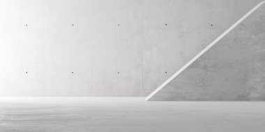 Soyut boş, modern beton oda, dolaylı aydınlatma ve köşegen duvar ve kaba zemin soldan aydınlatılıyor - endüstriyel iç arka plan şablonu, 3 boyutlu illüstrasyon