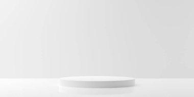 Merkezinde yüksek silindirik platform bulunan boş modern soyut beyaz oda, ürün sunum şablonu arka planı, 3D illüstrasyon