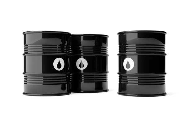 Three Black Metal Oil Barrels Drop Symbols White Background Illustration — Stock Photo, Image