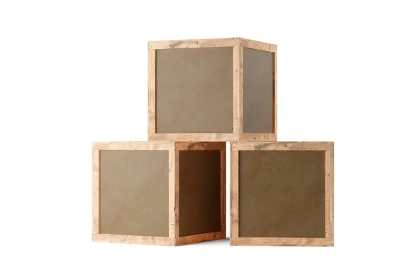 Three Brown Wooden Transport Shipping Boxes Crates Stacked White Background — Stock Photo, Image