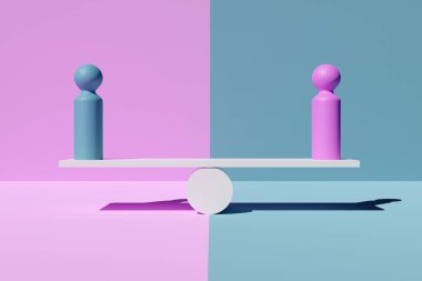 Blue and pink figures on scale in balance on pink and blue background, abstract concept of male and female gender equality, 3D illustration clipart
