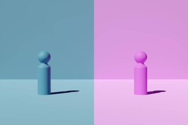 Blue and pink figures on pink and blue background, abstract concept of male and female gender equality, 3D illustration clipart
