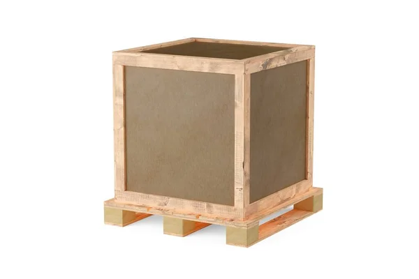 単色の茶色の木製の輸送または出荷ボックスまたは白い背景にパレット上の箱 3Dイラスト — ストック写真