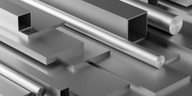 Fırçalanmış alüminyum profiller yığını veya yığın çerçeve doldurma arkaplanı, metal üretimi veya ürün konsepti, 3B illüstrasyon