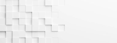 Random shifted white cube boxes block background wallpaper banner with copy space, 3D illustration clipart