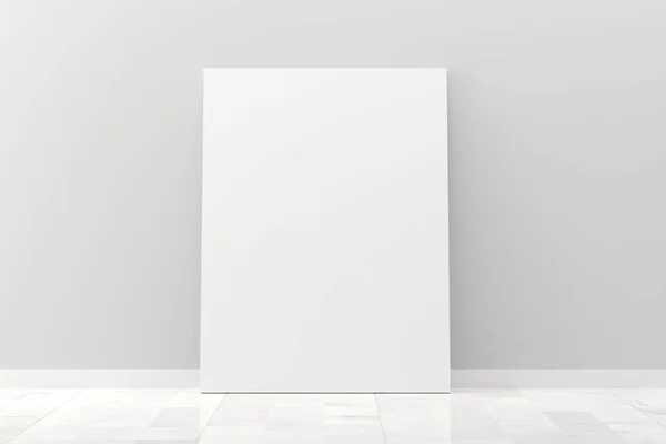 Üres Képkeret Vászon Modell Támaszkodik Fehér Fal Szobában Fehér Padló — Stock Fotó