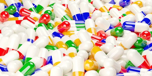 Multi Colorido Pílula Cápsulas Heap Frame Fundo Enchimento Tratamento Médico — Fotografia de Stock