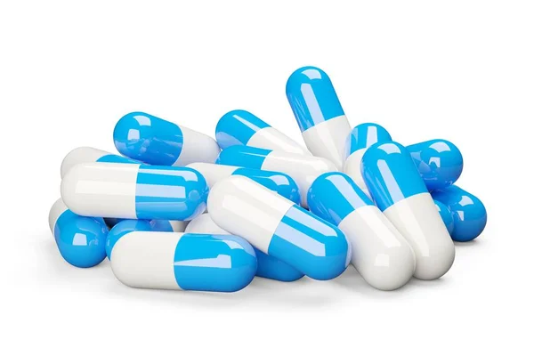 Blauwe Witte Pil Capsules Hopen Witte Achtergrond Medische Behandeling Farmaceutische — Stockfoto