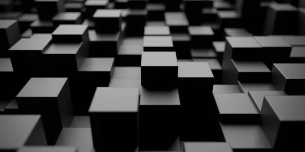 随机移位的黑色立方体几何图案背景 最小的现代背景模板 选择性焦点 三维插图 — 图库照片