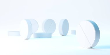 Beyaz hap beyaz arka planda mavi ışık, tıbbi tedavi, ilaç veya ilaç konsepti, 3 boyutlu illüstrasyon