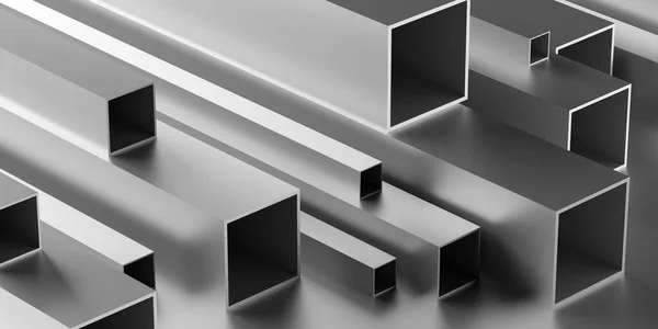 Pila Perfiles Cuadrados Aluminio Cepillado Fondo Relleno Marco Montón Fabricación —  Fotos de Stock
