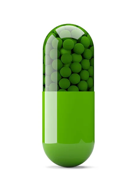 Zöld Tabletta Kapszula Áll Fehér Háttér Orvosi Kezelés Gyógyszerészeti Vagy — Stock Fotó