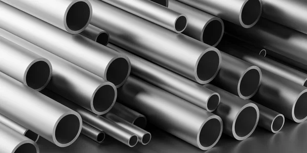 Profili Tubi Alluminio Spazzolato Stack Heap Frame Riempimento Sfondo Lavorazione — Foto Stock