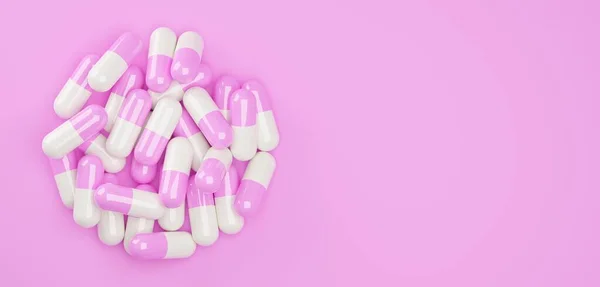 Pink White Pill Capsules Heap Pink Background Female Medical Treatment — Stock Photo, Image