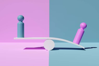 Blue and pink figures on scale in imbalance on pink and blue background, abstract concept of male and female gender inequality, 3D illustration clipart