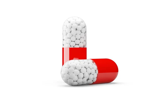 两个红白相间的药丸胶囊覆盖白底 药物或药物概念 3D图解 — 图库照片