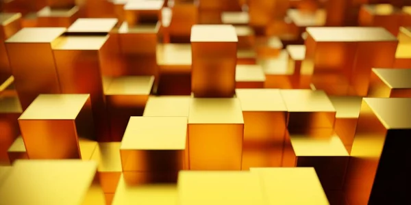 Willekeurig Verschoven Gouden Metalen Kubussen Geometrisch Patroon Minimale Moderne Achtergrond — Stockfoto