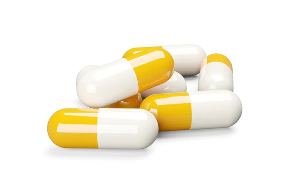 Yellow White Pill Capsules White Background Medical Treatment Pharmaceutical Medication — Zdjęcie stockowe