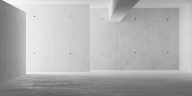 Soyut boş, modern beton oda, sağ yan duvardan dolaylı aydınlatma, tavan kirişi ve kaba zemin - endüstriyel iç arka plan şablonu, 3 boyutlu illüstrasyon