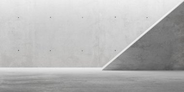 Soyut boş, modern beton oda, dolaylı aydınlatma ve köşegen duvar ve kaba zemin yukarıdan aydınlatılıyor - endüstriyel iç arka plan şablonu, 3 boyutlu illüstrasyon