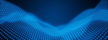 Mavi arkaplan, teknoloji ya da iş şablonu üzerindeki mavi dalga noktaları ya da manzara, üç boyutlu illüstrasyon