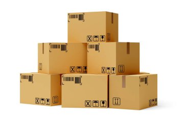 Beyaz arkaplan, kargo, kargo, teslimat veya depolama konsepti üzerine karton kutular yığını, 3D illüstrasyon