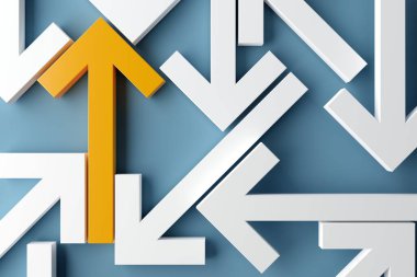 Mavi arkaplan, çözüm, strateji, plan veya başarı konsepti üzerinde bir ok ile farklı yönleri gösteren birçok ok, 3D illüstrasyon