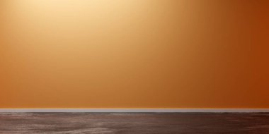 Turuncu boş, modern, kaba beton zeminli soyut stüdyo odası, ürün sunum şablonu modeli, 3 boyutlu illüstrasyon