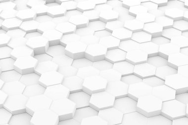 Rastgele kaydırılmış beyaz altıgen bal peteği geometrik desen arka planı yumuşak gölgeler, minimal arkaplan şablonu, 3D illüstrasyon