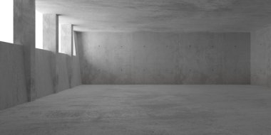 Soyut boş, modern beton oda pencere açıkları ve sütunlar sol duvarda ve kaba zemin - endüstriyel iç arka plan şablonu, üç boyutlu illüstrasyon