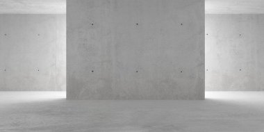 Soyut boş, modern beton duvarlar odası. Tavan lambası ve merkez duvarı var. Endüstriyel iç mekan şablonu, 3 boyutlu resimleme.