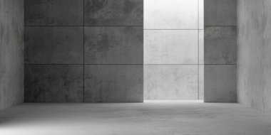 Arkasında açıklık olan soyut boş, modern beton oda, arka kaplama duvar ve pürüzlü zemin - endüstriyel iç arka plan şablonu, üç boyutlu illüstrasyon