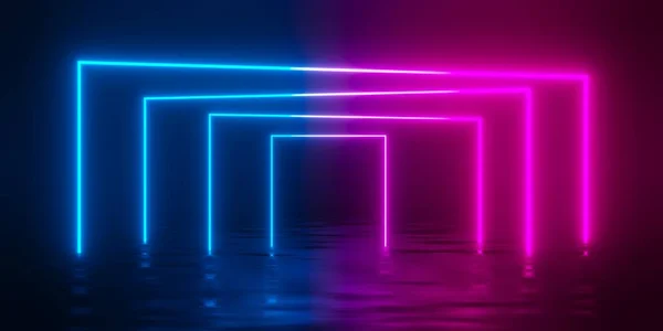 多种现代抽象的深蓝色 红色和粉色霓虹灯发光矩形门或框架 在暗室背景下旋转 带有反射地板 3D插图 — 图库照片
