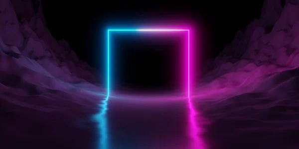 現代の未来的な抽象的な青 赤とピンクのネオン輝く光の正方形のポータルフレームのデザイン反射床 3Dイラストとフレームの背景 — ストック写真