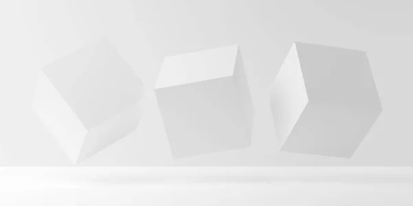 一组三个白色方块或盒子覆盖白色背景 最小抽象概念 产品放置模板 3D插图 — 图库照片
