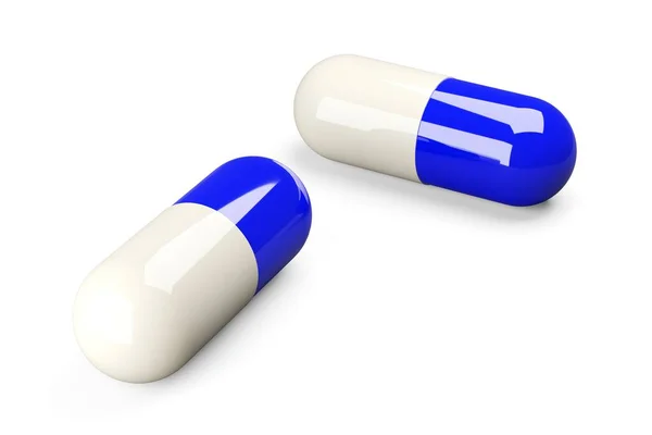 Twee Blauwe Witte Pil Capsules Witte Achtergrond Medische Behandeling Farmaceutisch — Stockfoto