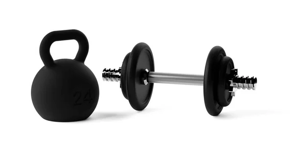 健身馆的水壶和哑铃 上面有彩色把手和黑色盘子 覆盖在白色背景 肌肉锻炼 健美或健身的概念之上 3D插图 — 图库照片